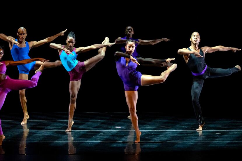 Six Dallas Black Dance Theatre dancers perform onstage.