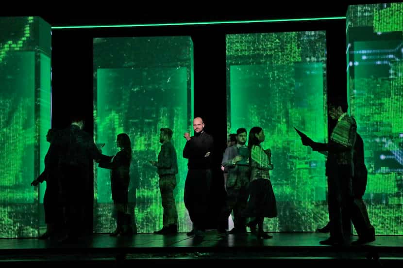 Edward Parks as Steve Jobs and the Santa Fe Opera Chorus in the Santa Fe Opera's The...