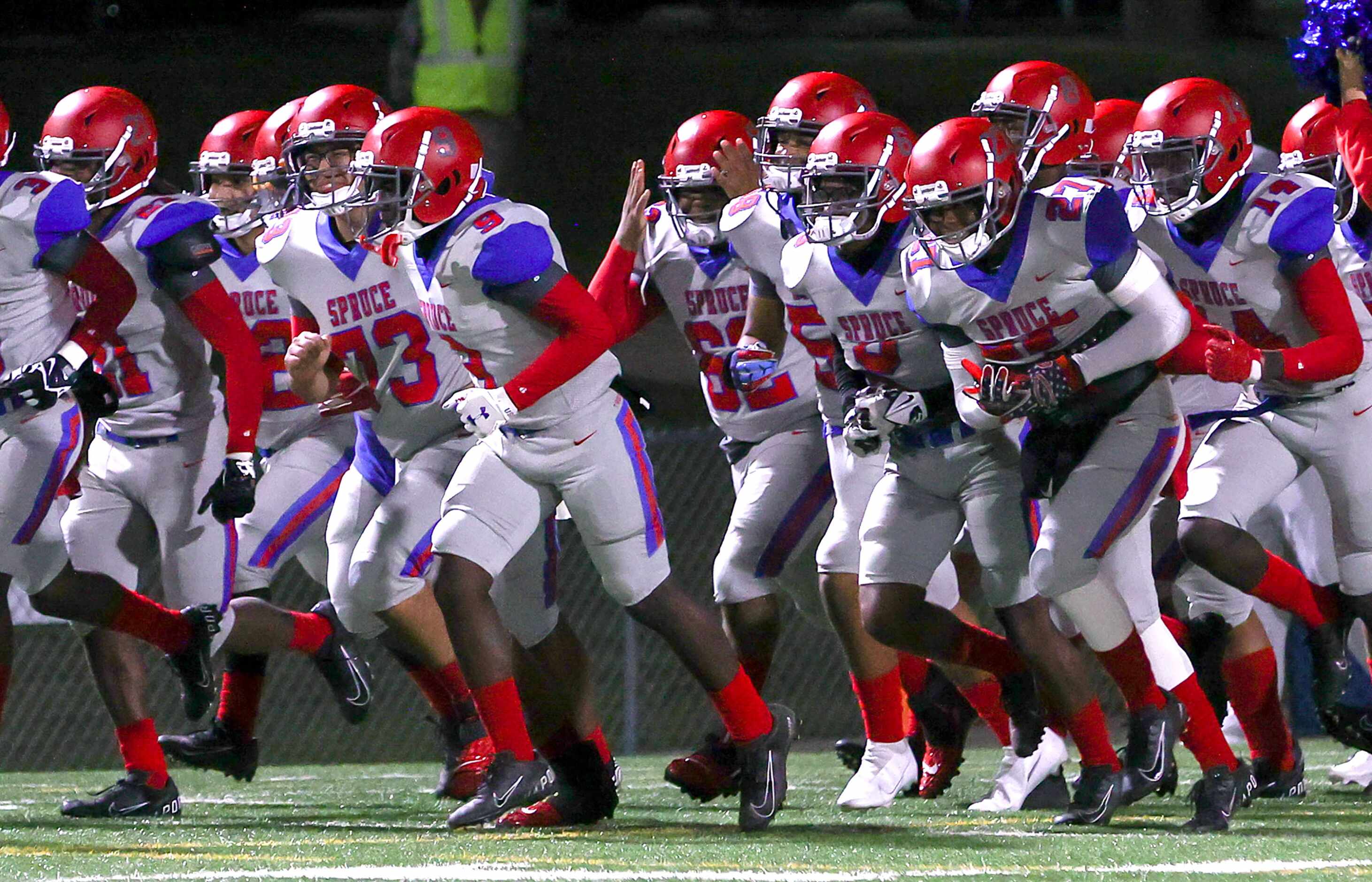 The Spruce Timberwolves enter the field to face Hillcrest in a District 6-5A high school...