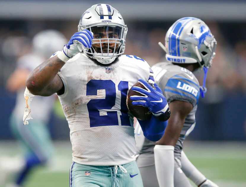 FILE - Cowboys running back Ezekiel Elliott (21) celebrates a catch during a game against...