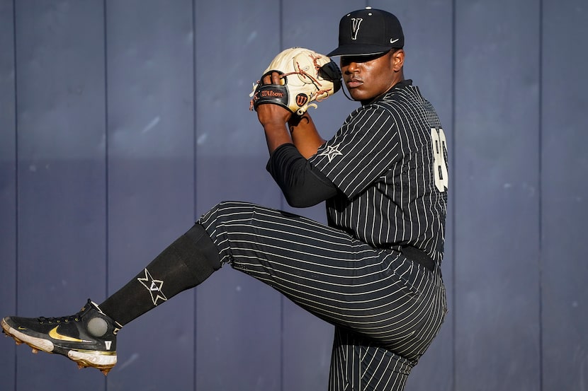 Vanderbilt pitcher Kumar Rocker warms up  before an NCAA baseball game against Mississippi...