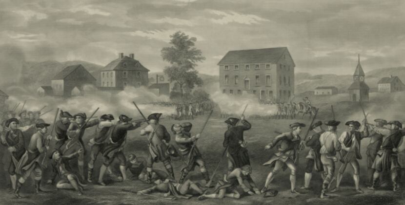 Minute Men are fired upon in 1775 by British troops in Lexington, Mass., as shown in this...