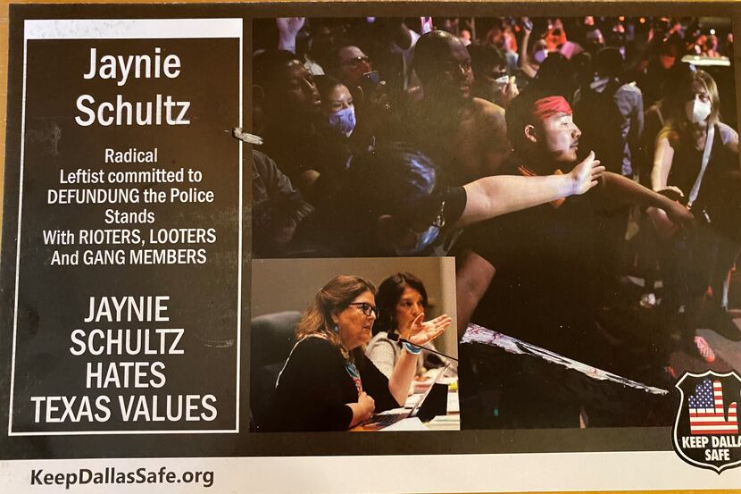 A mailer from the group Keep Dallas Safe attacks District 11 City Council candidate Jaynie...