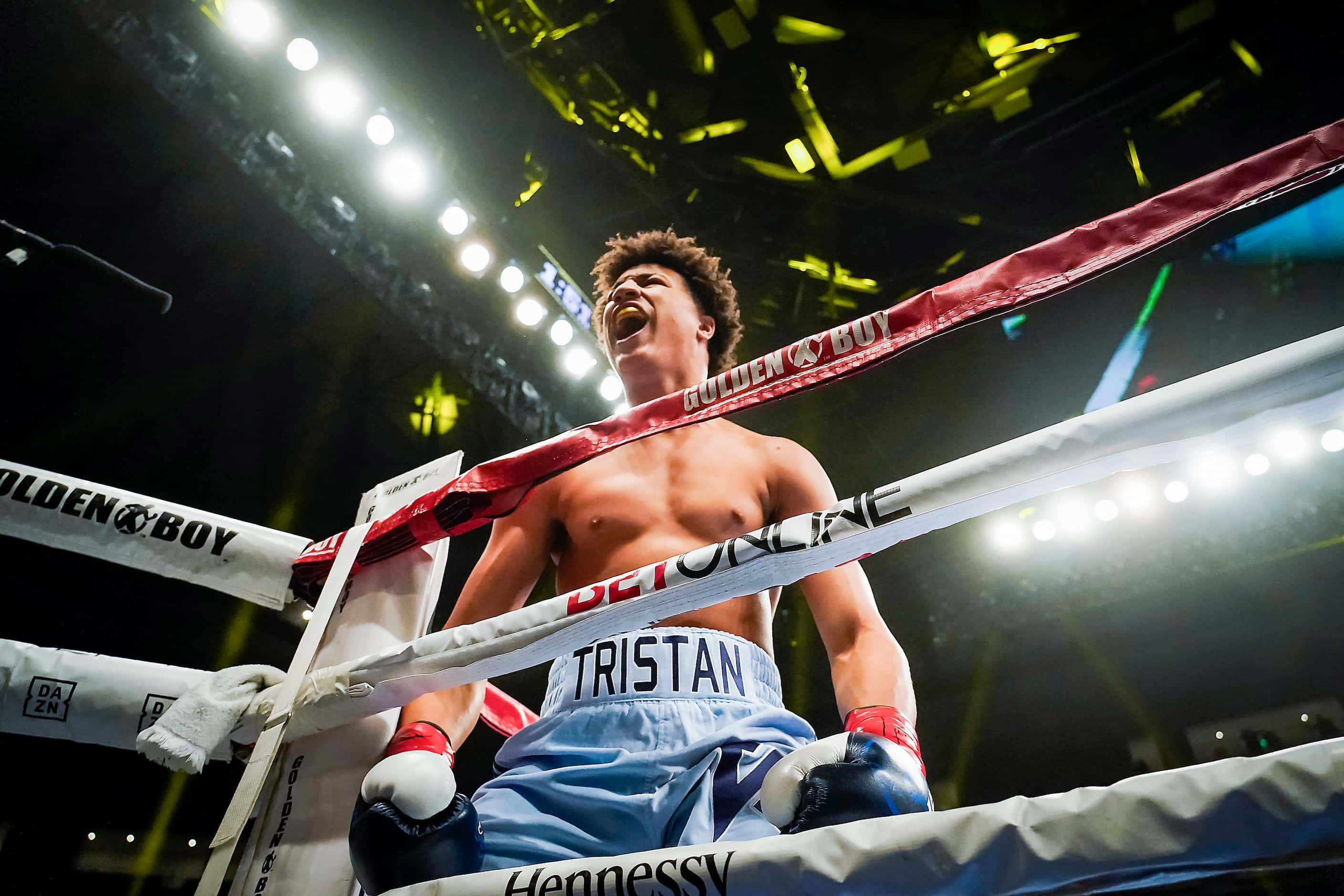 Tristan Kalkreuth, of Duncanville, celebrates after knocking out Dustin Long in the first...