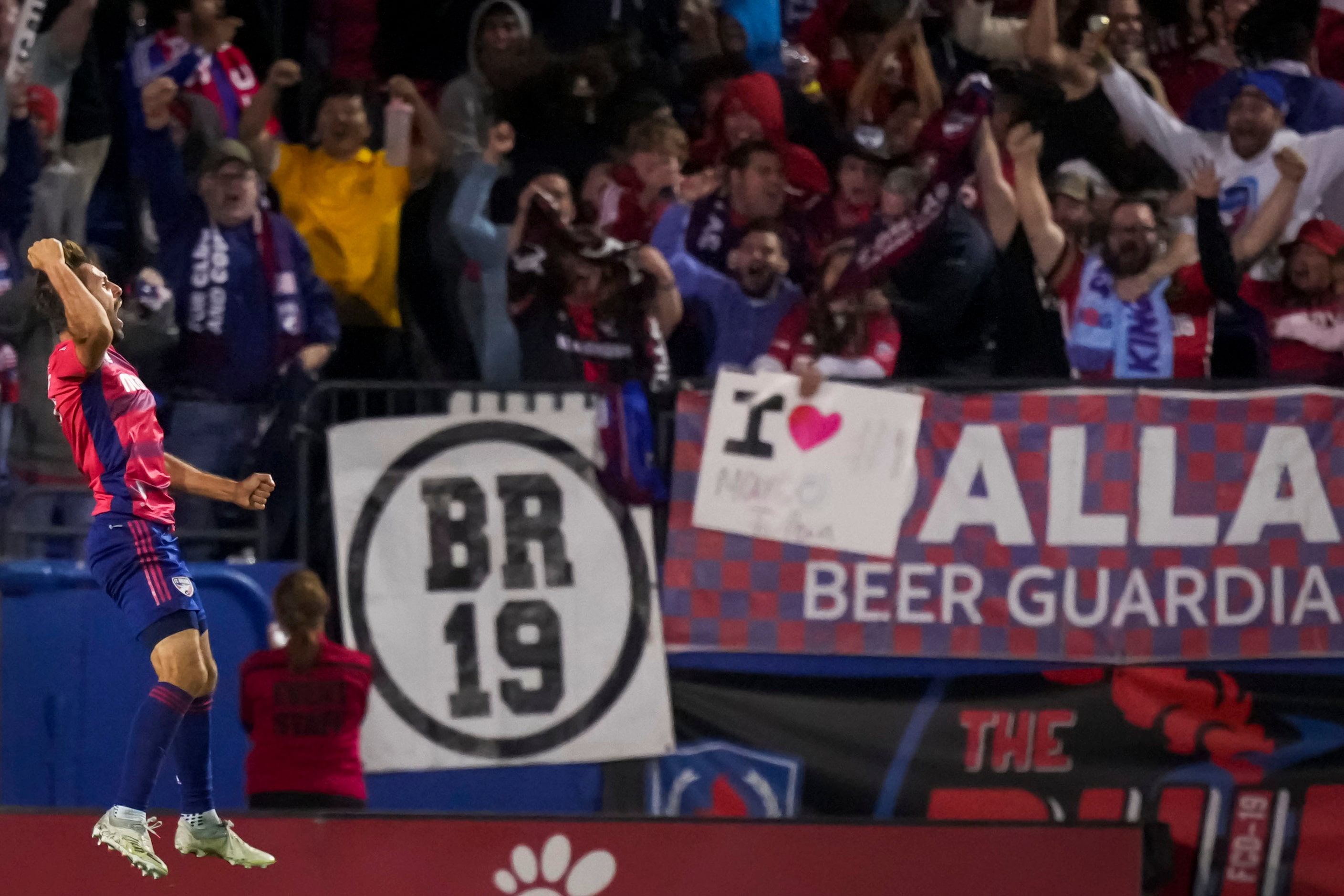 FC Dallas midfielder Facundo Quignon (5) celebrates after scoring the equalizer during the...