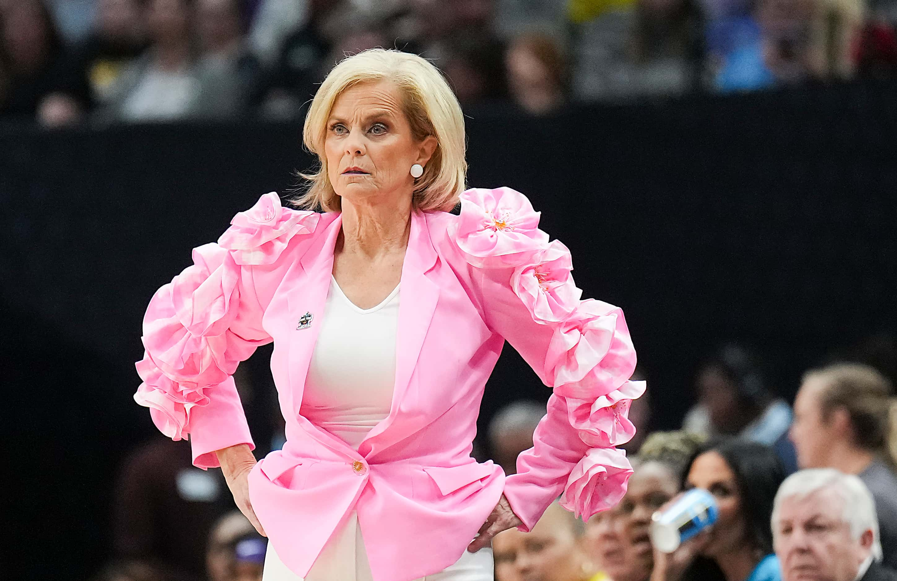 LSU head coach Kim Mulkey looks on during the first half of an NCAA Women's Final Four...