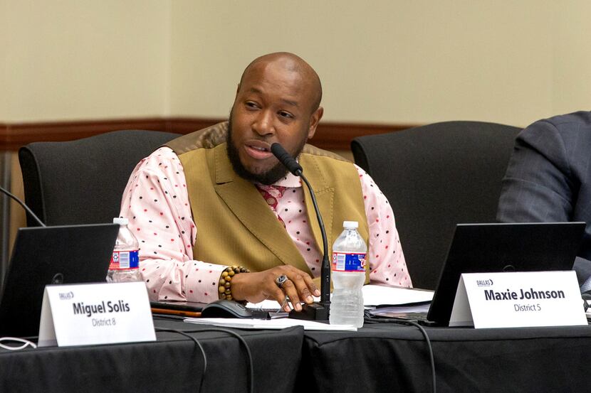 Trustee Maxie Johnson speaks during a school board meeting at Dallas ISD's Turney W. Leonard...
