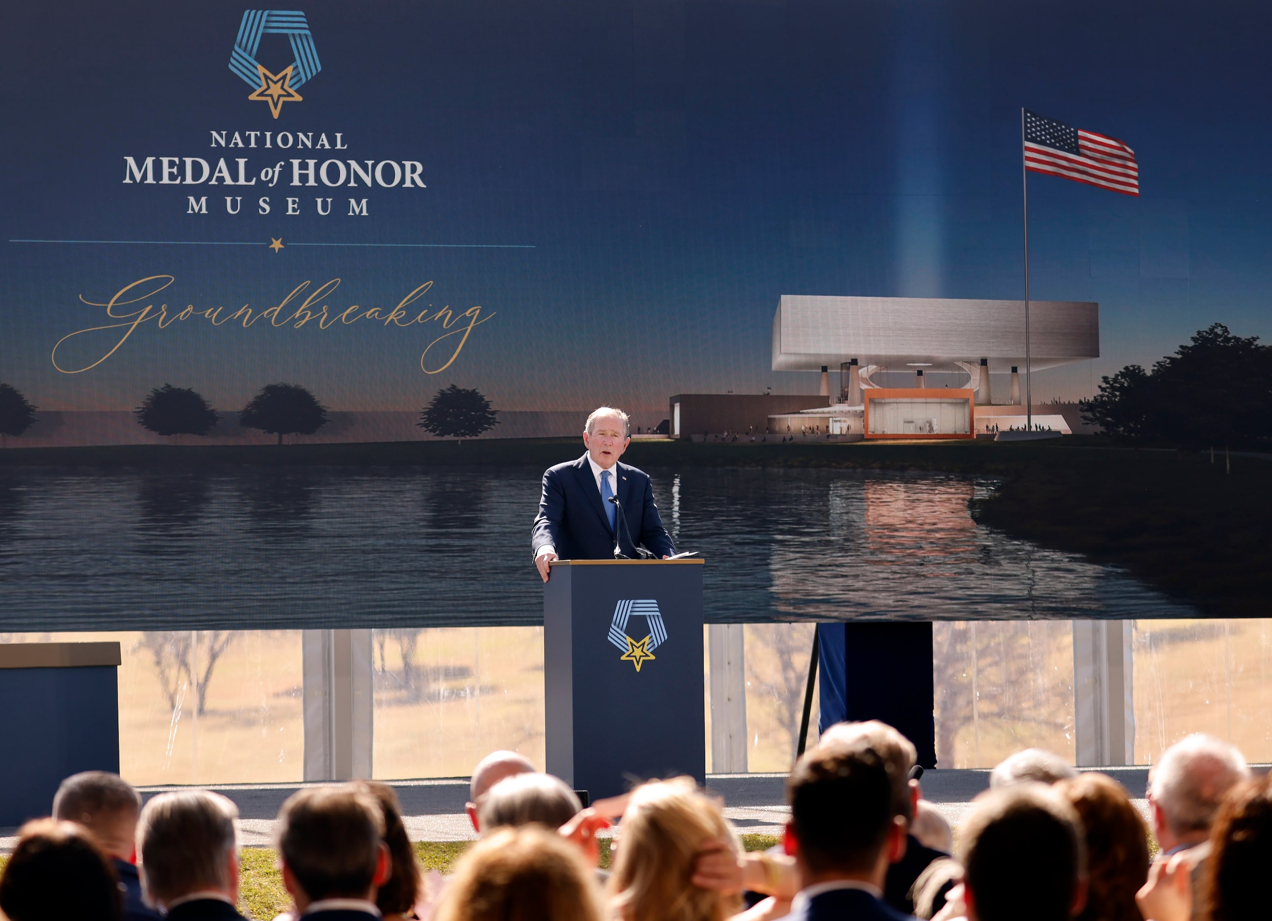 Former President George W. Bush speaks to those gathered for the groundbreaking ceremony.