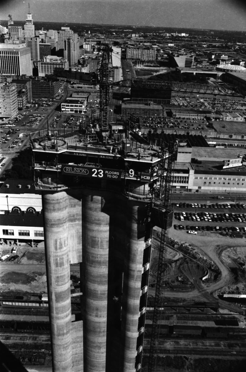 Aerial view of the Reunion Tower under construction in 1976.
