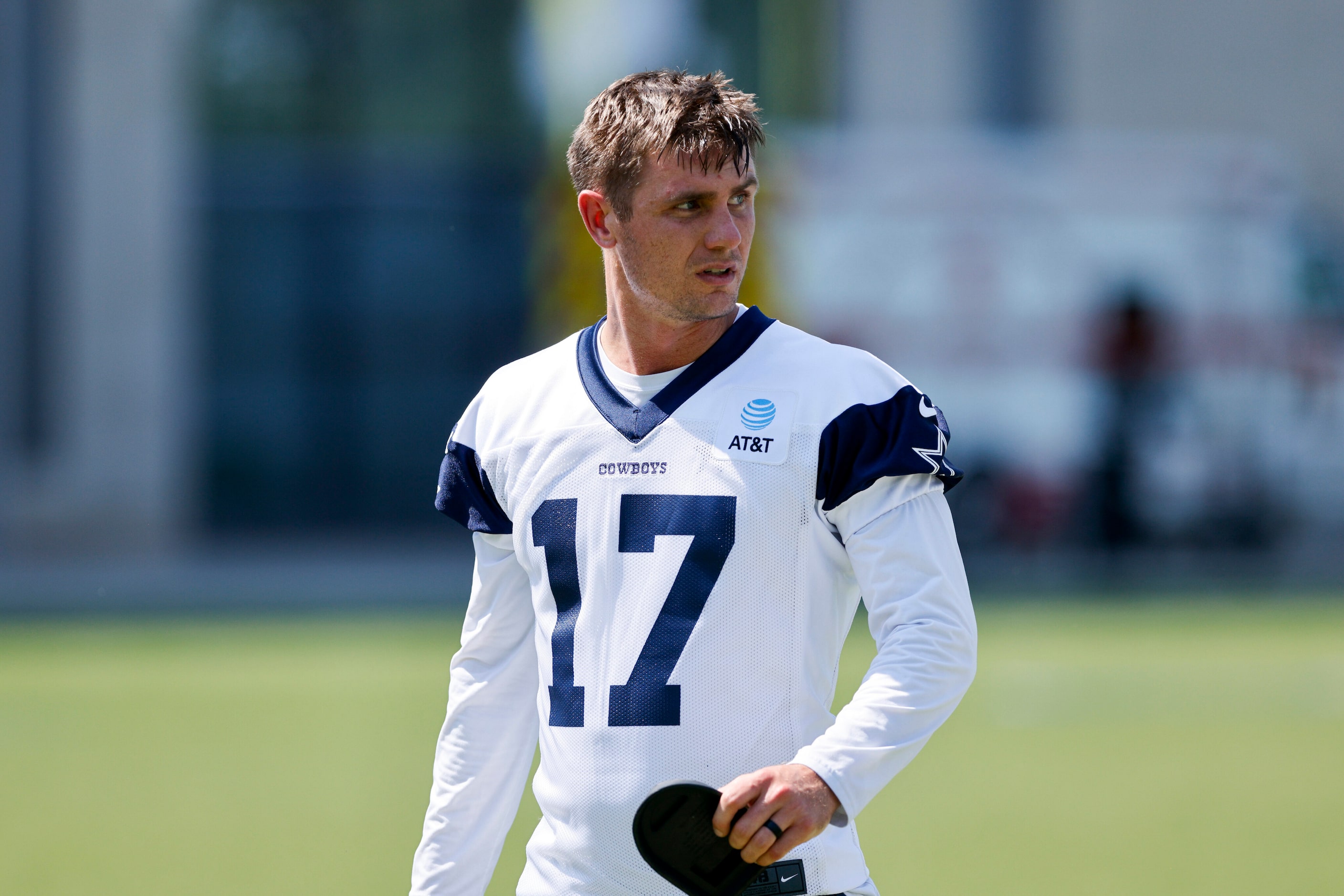 Dallas Cowboys kicker Brandon Aubrey walks the field during a practice at The Star,...