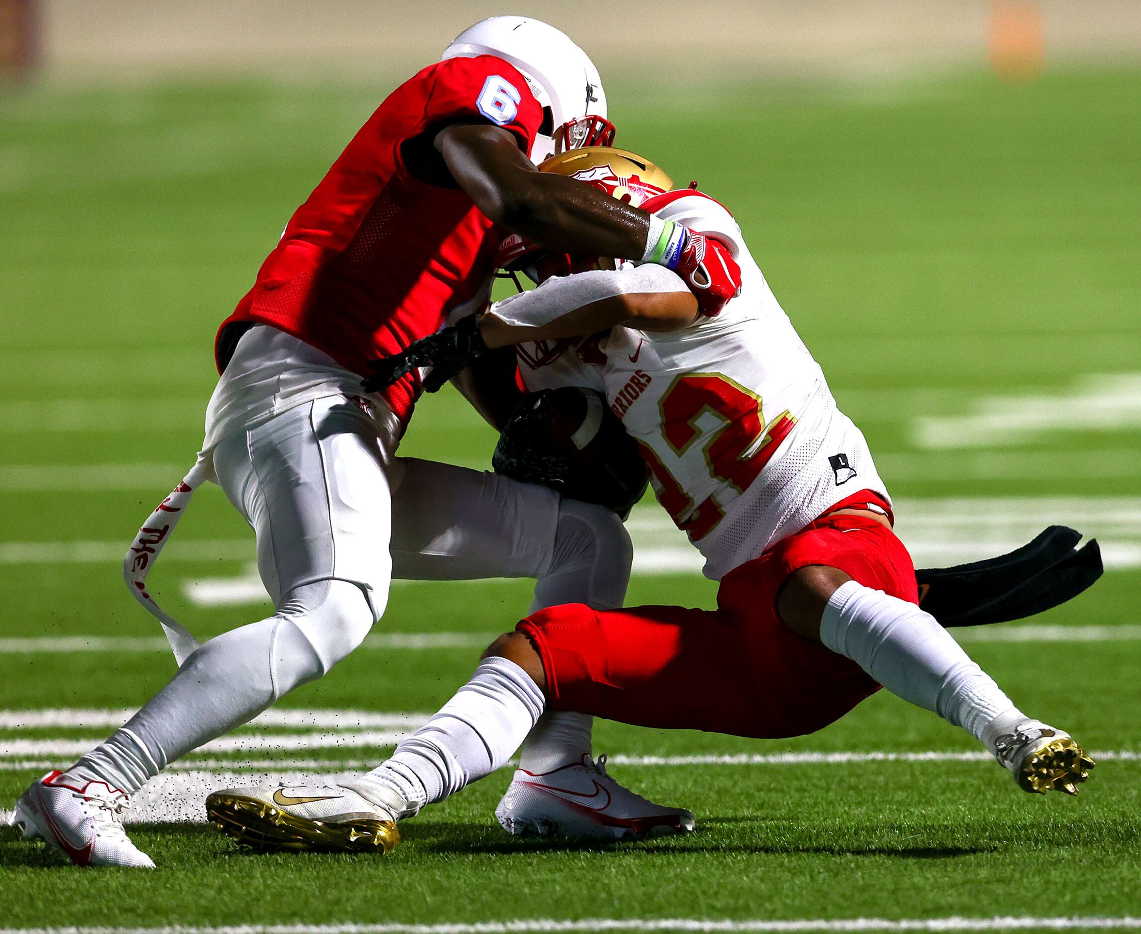 South Grand Prairie running back Jaden Stanley (22) gets stuffed on the play by Skyline...