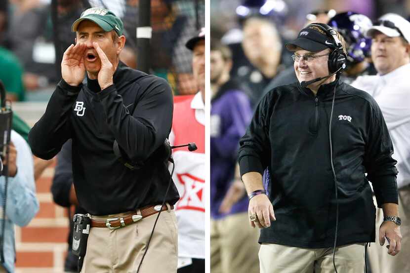 Baylor head coach Art Briles, left, and TCU head coach Gary Patterson, right, haved their...