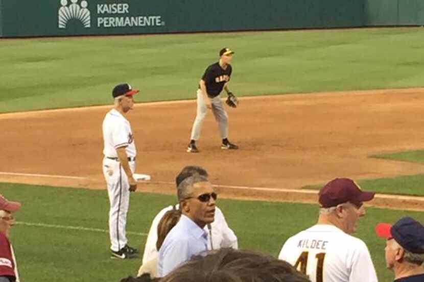  President Barack Obama makes a surprise appearance at the 2015 Congressional Baseball Game....