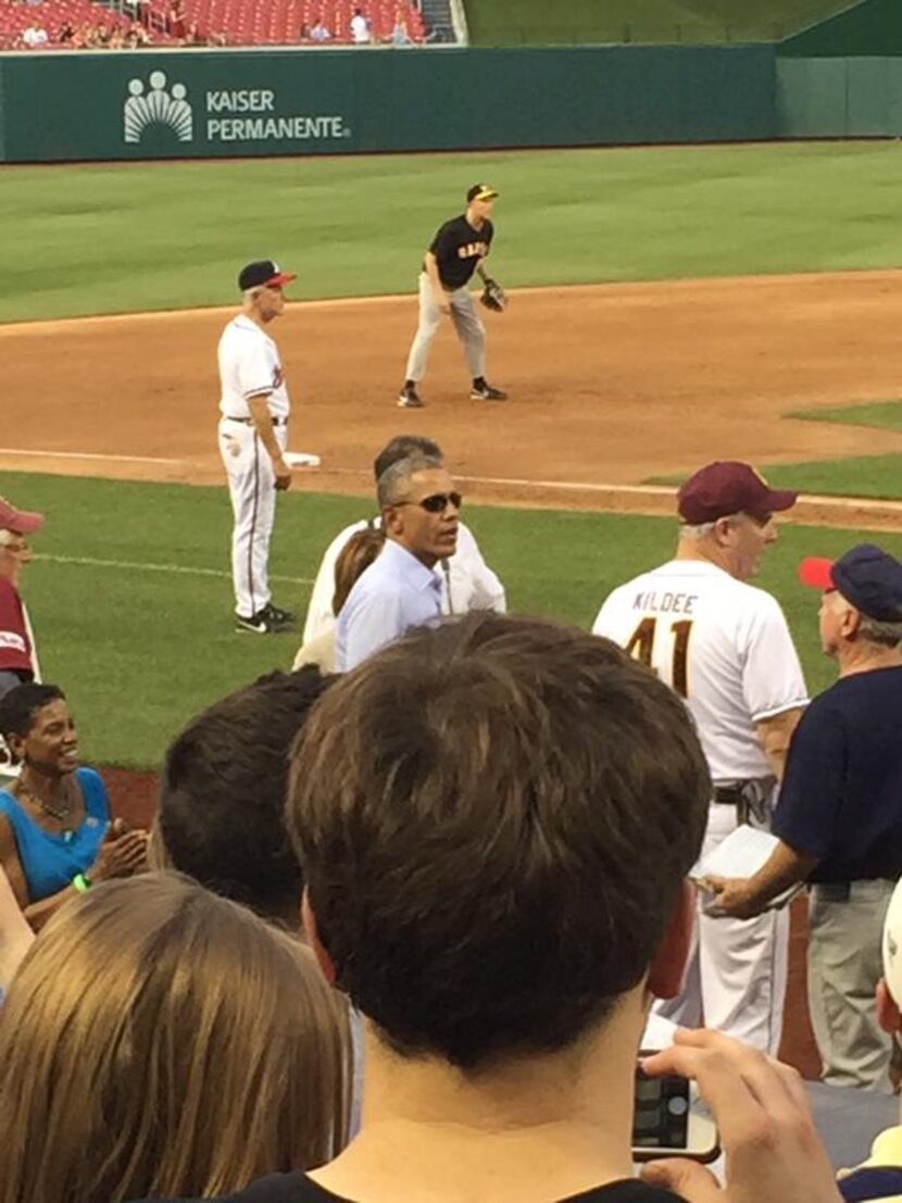  President Barack Obama makes a surprise appearance at the 2015 Congressional Baseball Game....