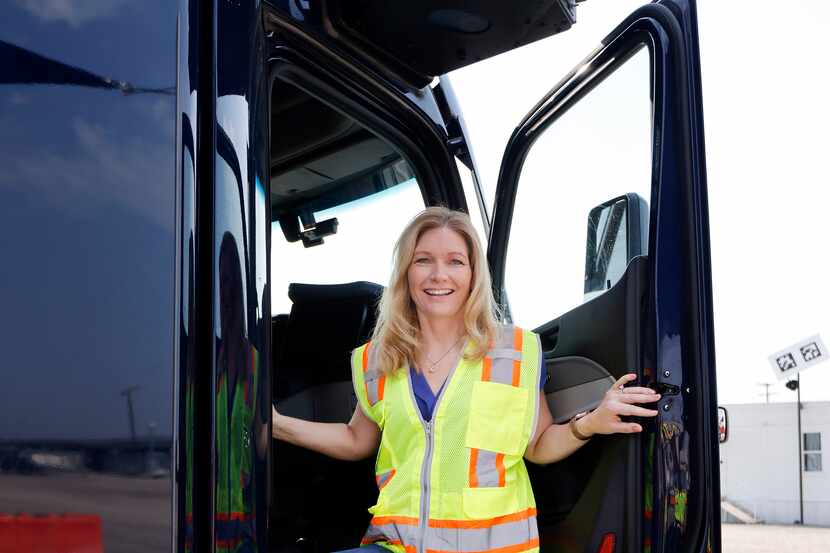 Aurora Innovation president Ossa Fisher poses for a photo on one of their autonomous semi...