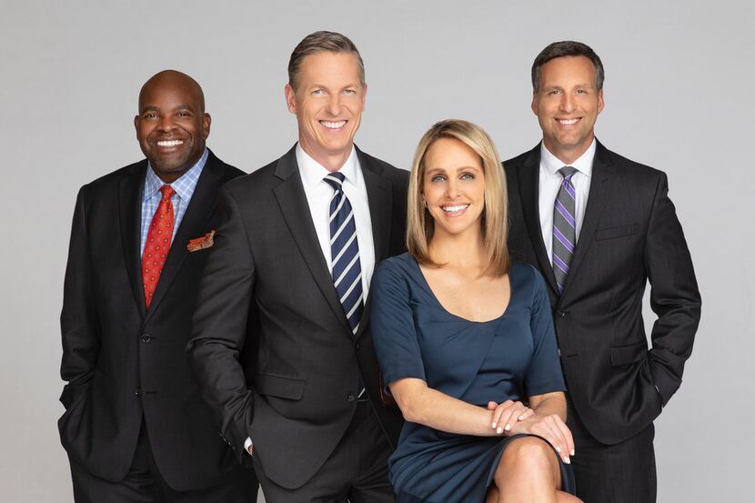 KXAS-TV (NBC5)'s 10 p.m. news anchor team (from left): sports director Newy Scruggs, anchor...