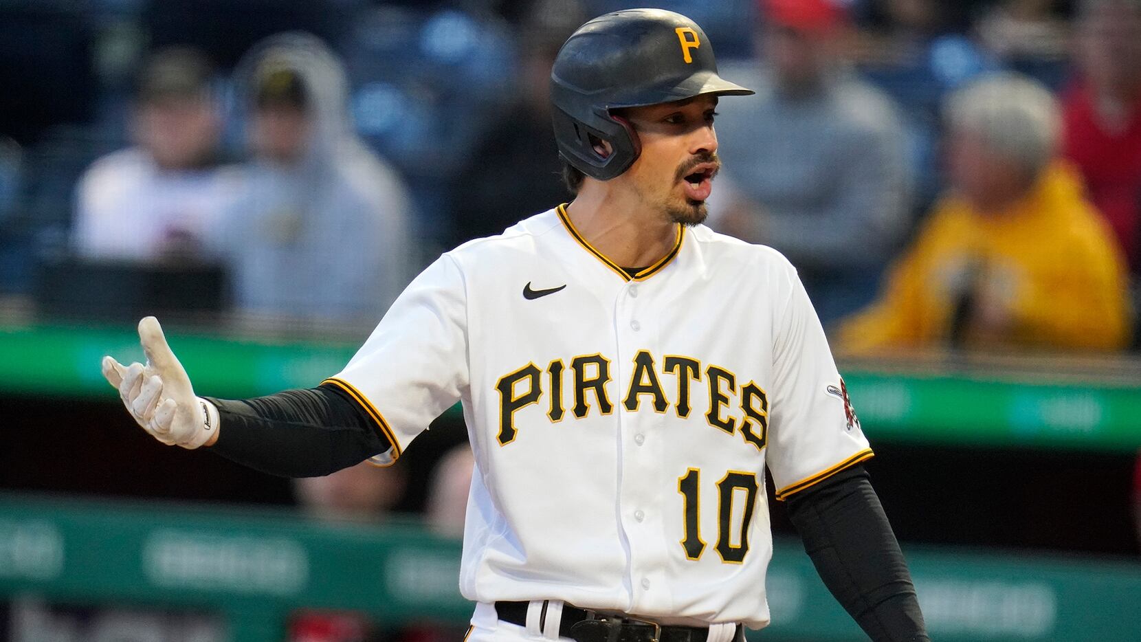 Pittsburgh Pirates' Bryan Reynolds disagrees with a called third strike during the first...