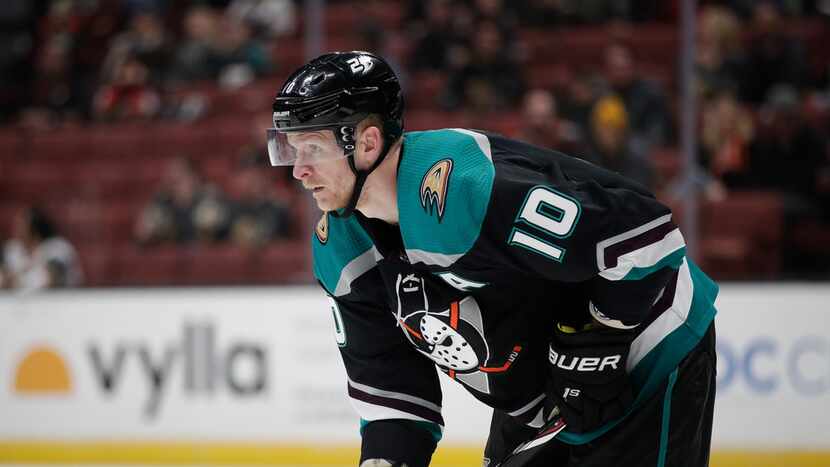 Anaheim Ducks' Corey Perry waits for the puck to drop during the first period of an NHL...