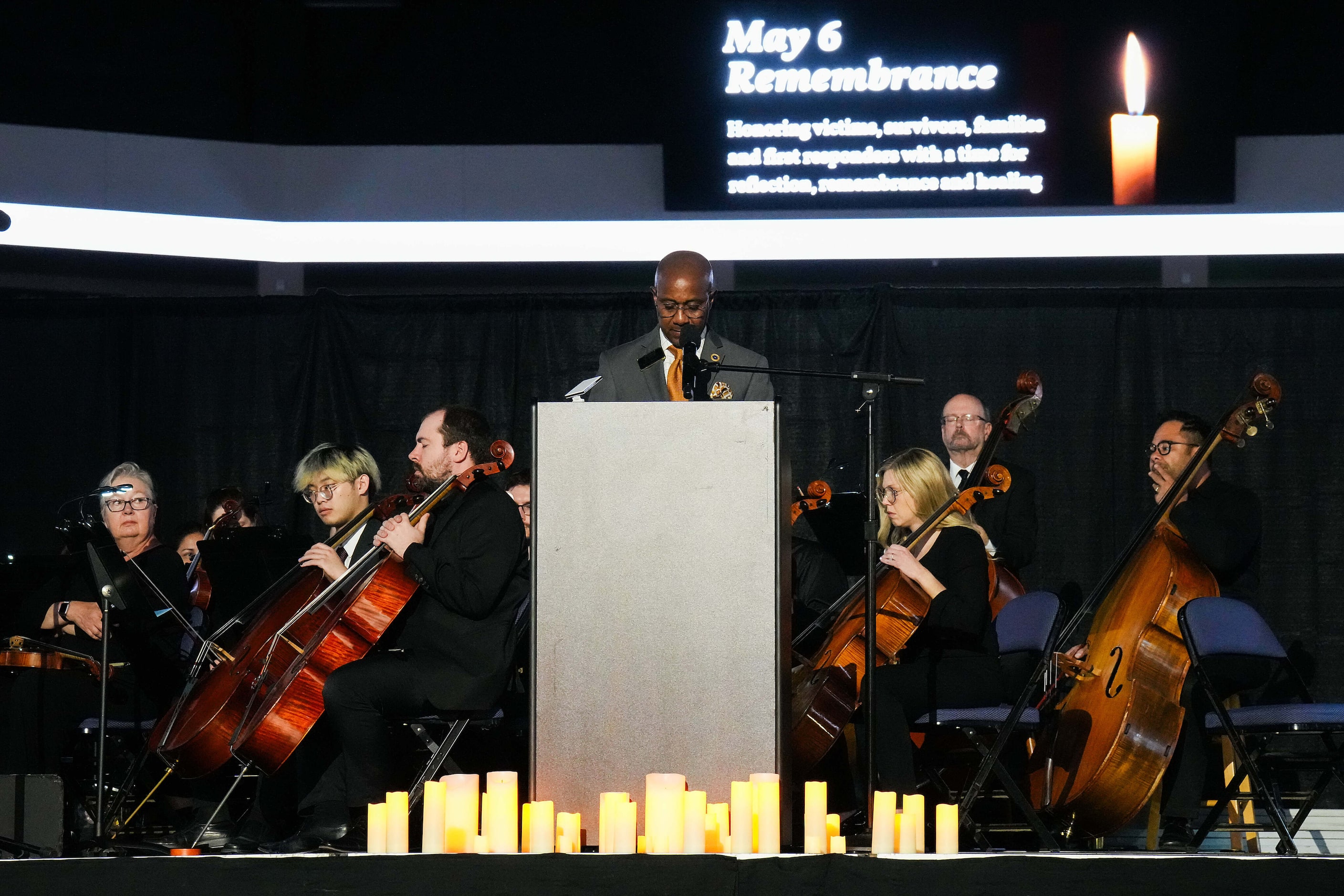 Mayor Blaine E. Brooks speaks during a remembrance event at Credit Union of Texas Event...