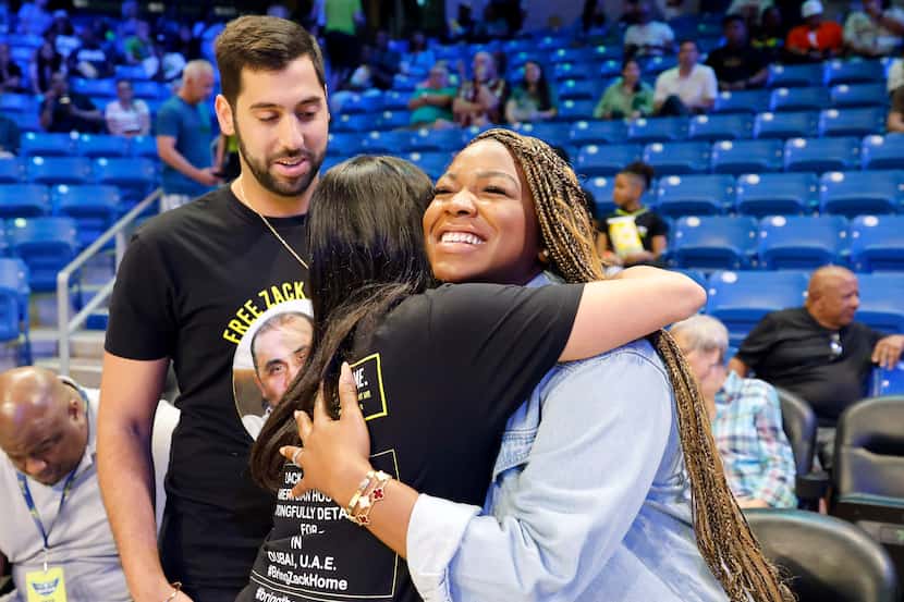 Meera Shahin receives a hug from Brittney Griner’s wife Cherelle Griner before the Dallas...