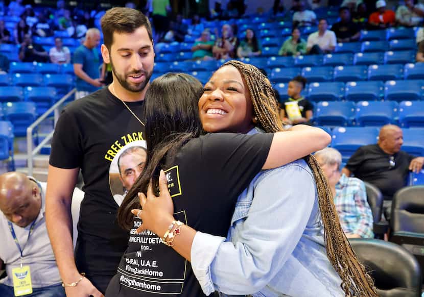 Meera Shahin receives a hug from Brittney Griner’s wife Cherelle Griner before the Dallas...