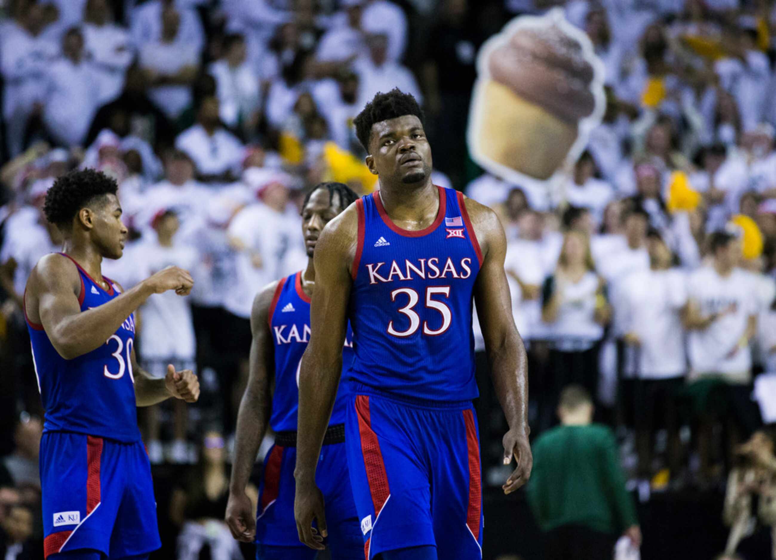 Kansas Jayhawks center Udoka Azubuike (35) reacts to a call during the second half of an...