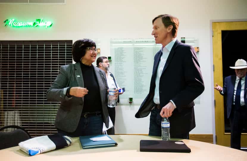Gubernatorial candidates Lupe Valdez and Andrew White greet each other before a Democratic...