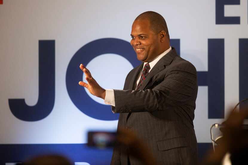 Mayor-Elect Eric Johnson gives remarks during his victory party at the Fairmont Dallas on...