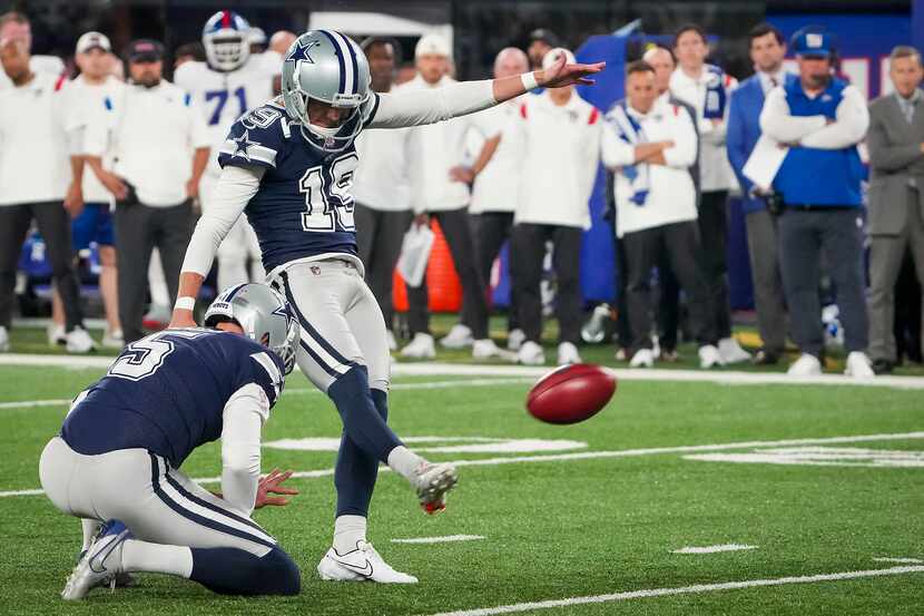 Dallas Cowboys place kicker Brett Maher (19) kicks a field goal from the hold of punter...