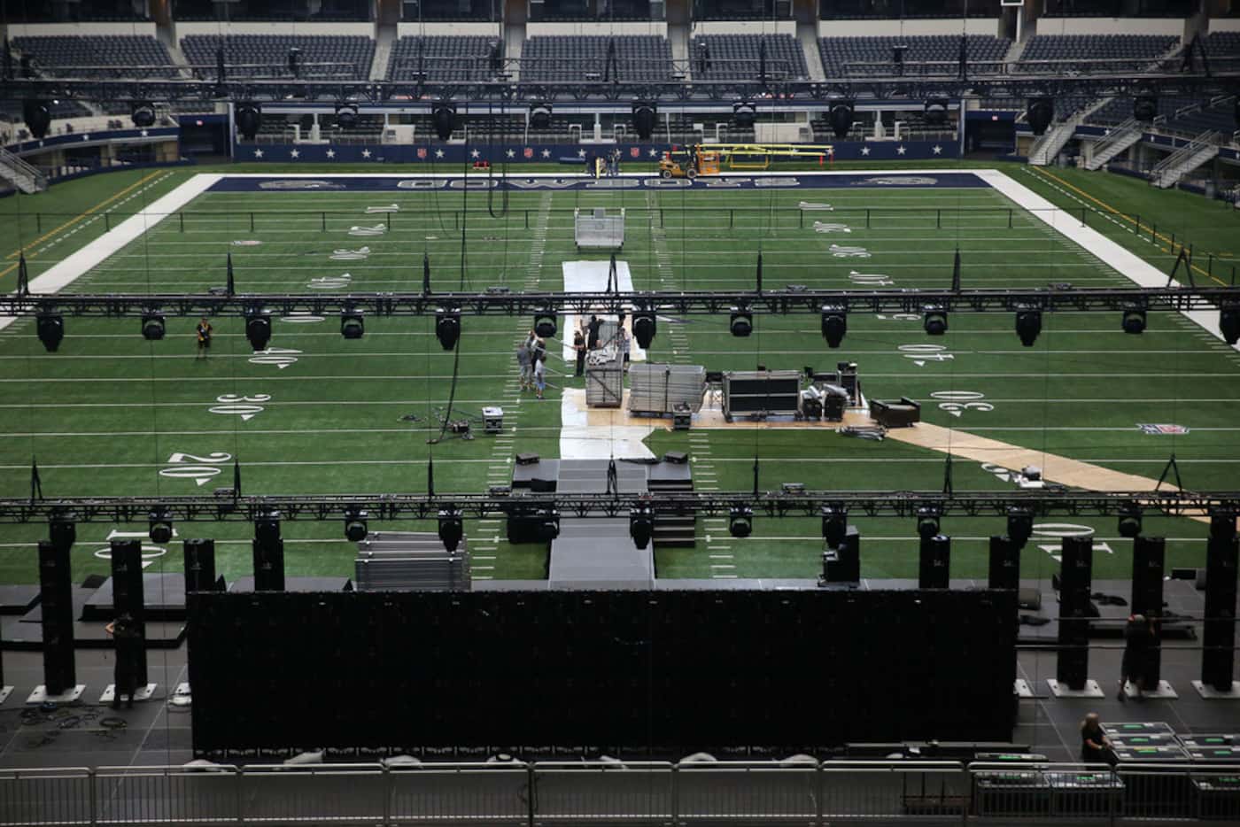 A view of the arena as crews setup for Harvest America, which is Sunday night at AT&T...