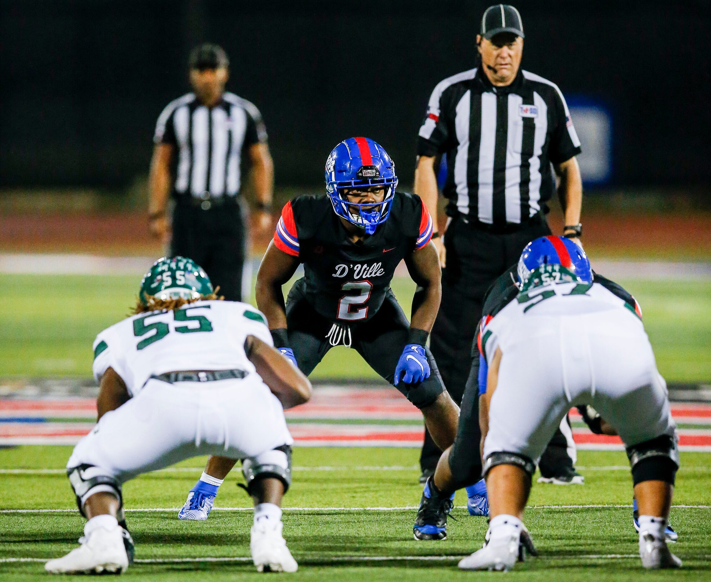 Duncanville senior linebacker Jordan Crook (2) lines up against the Waxahachie offense...