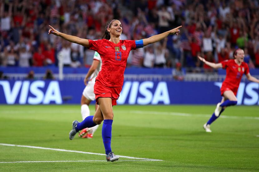 LYON, FRANCE - JULY 02: Alex Morgan of the USA celebrates after scoring her team's second...