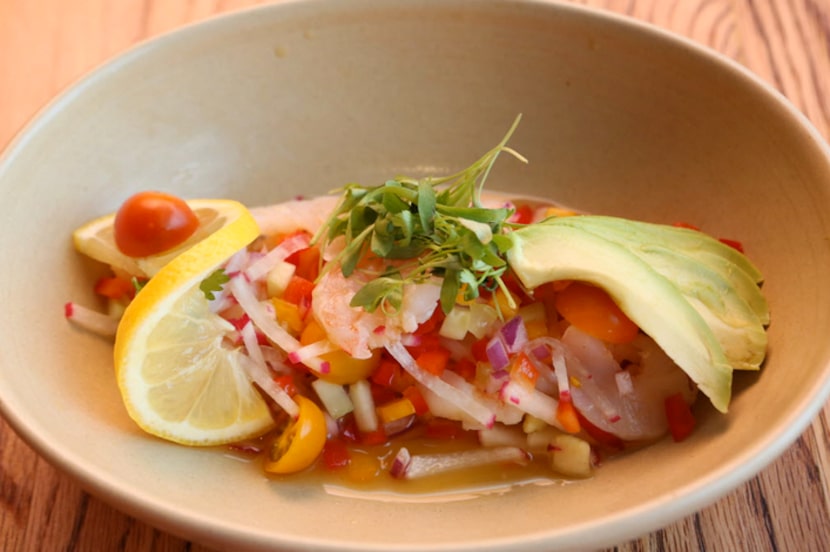 Here's El Bolero's ceviche de camarones, with shrimp, chipotle, garlic, avocado and queso...