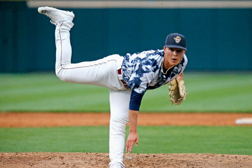 RoughRiders pitcher Jack Leiter (22) follows through on a pitch in the third inning as the...