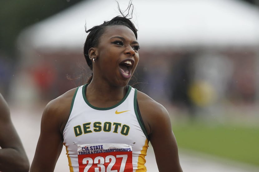 Desoto's Alexis Duncan celebrates finishing the class 6A girls 4x100 meter relay during the...