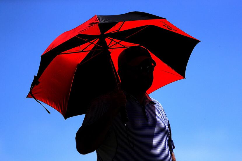 DALLAS, TX - MAY 18:  A fan looks on from the third green as he uses an umbrella to shade...