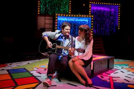 Cameron Cobb as Robbie, the wedding singer (left) and Katie Moyes Williams as Julia, a...