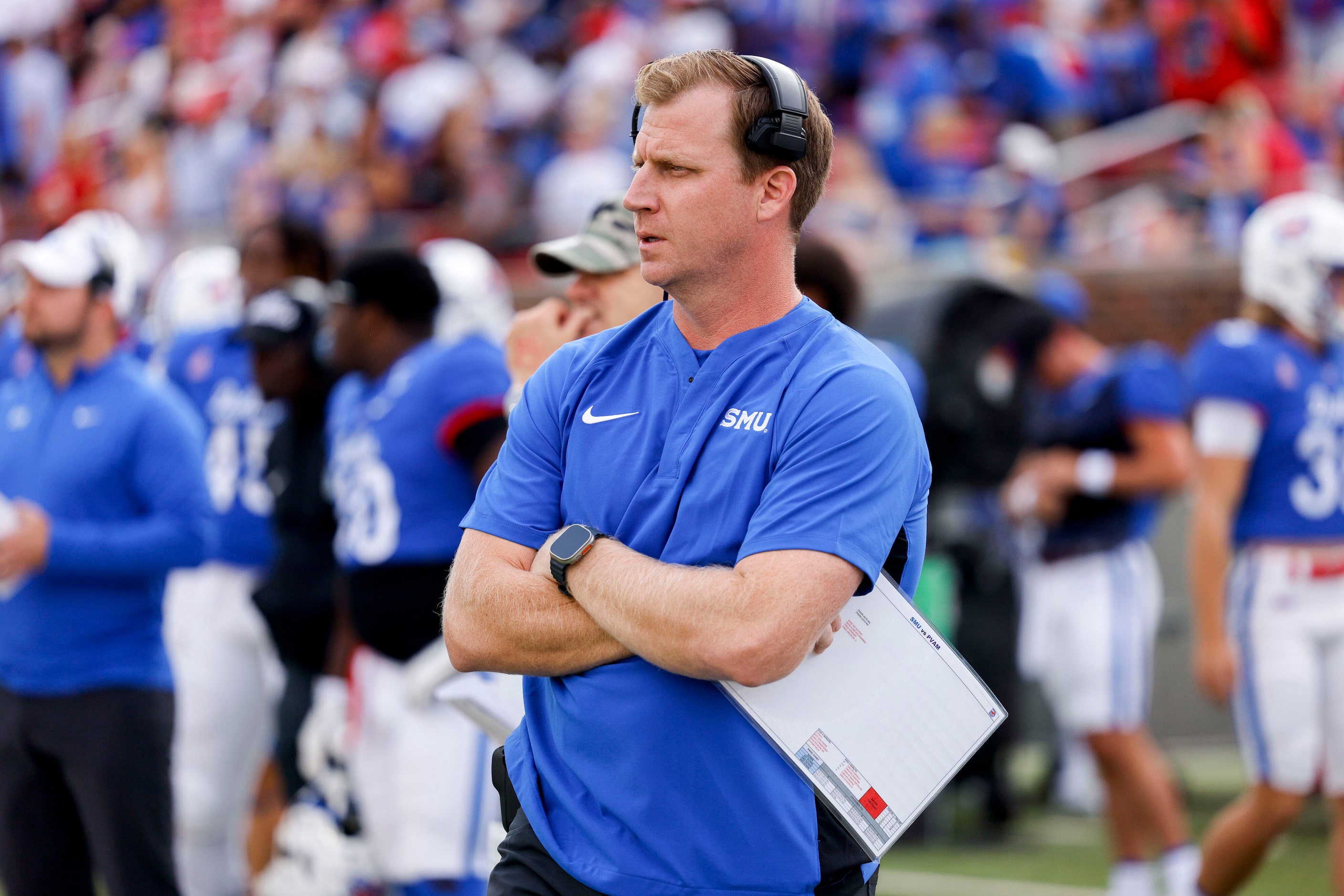 SMU head coach Rhett Lashlee walks the sideline before the first half of an NCAA football...