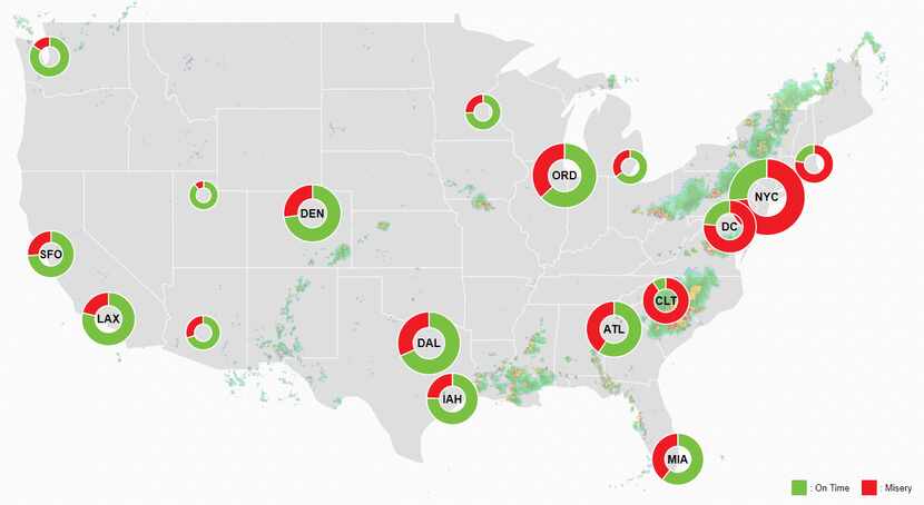 FlightAware's misery map of airport trouble spots as of 7 p.m. CT Thursday.