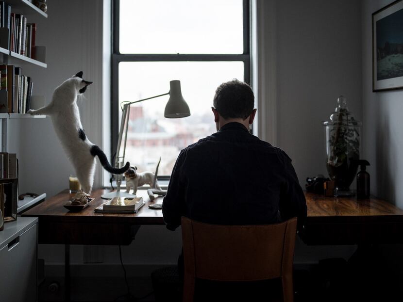  Stefan Merrill Block with his cat, Edwina, photographed at his home in Brooklyn in December...