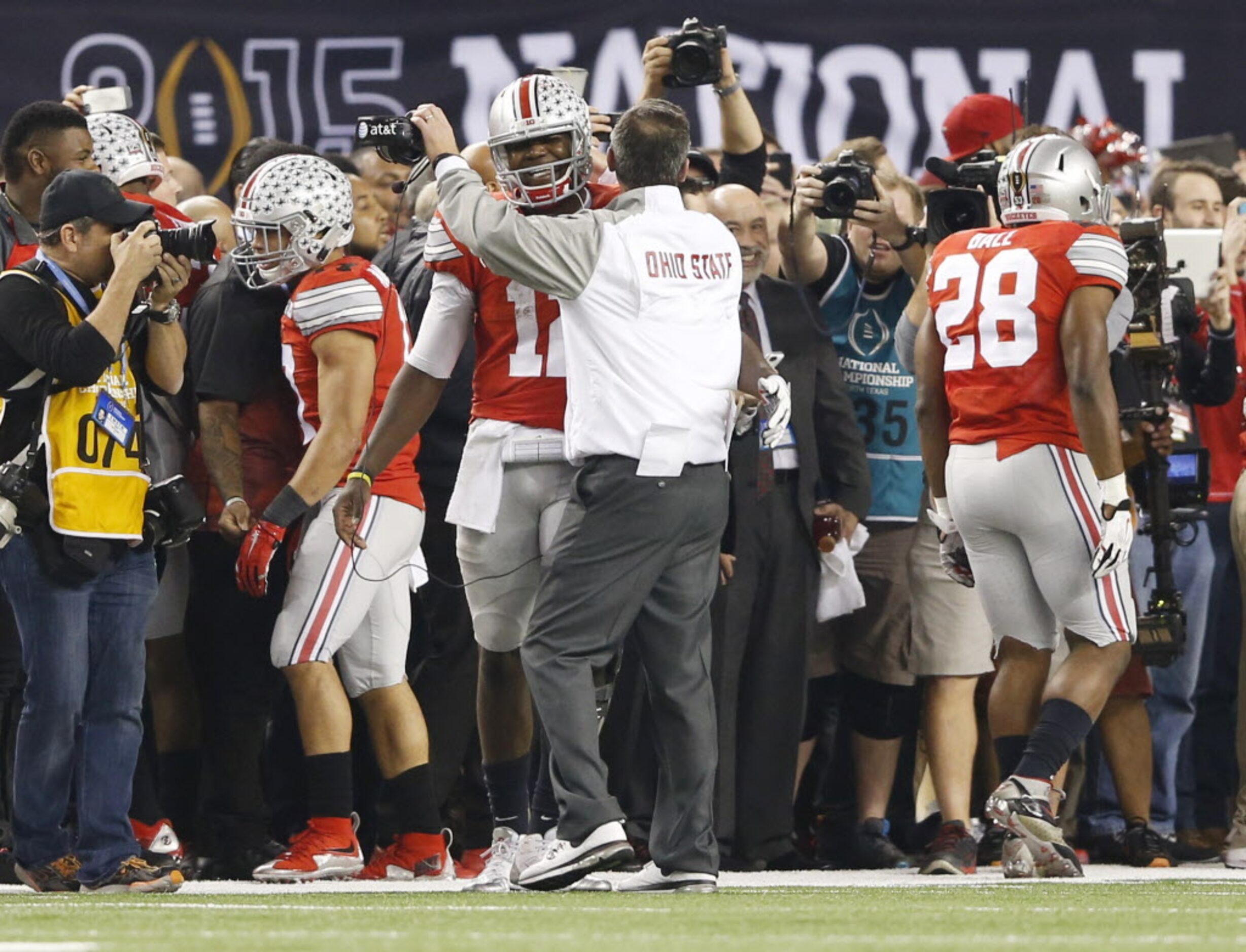 Ohio State Buckeyes head coach Urban Meyer and Ohio State Buckeyes quarterback Cardale Jones...