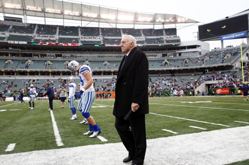 Dallas Cowboys owner Jerry Jones walks the sidelines before his teams game with the...