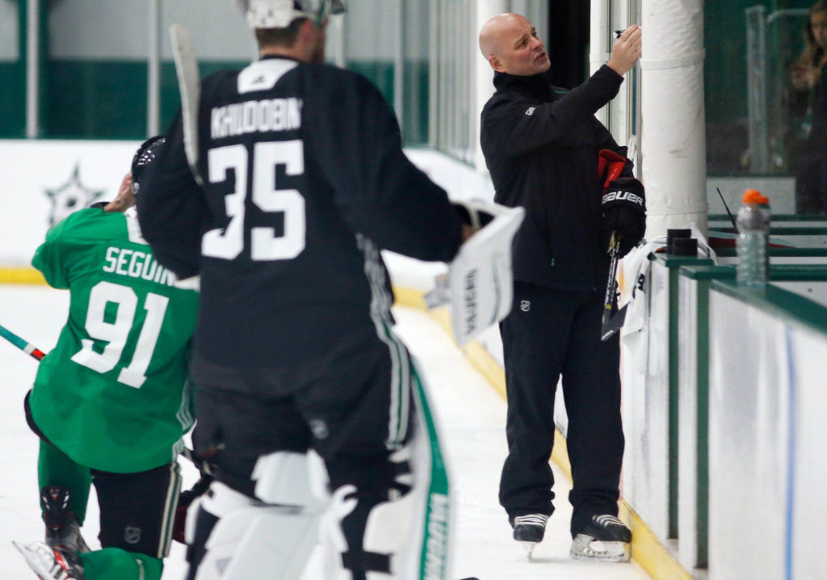 Dallas Stars head coach Jim Montgomery gives instruction  during Dallas Stars training camp...