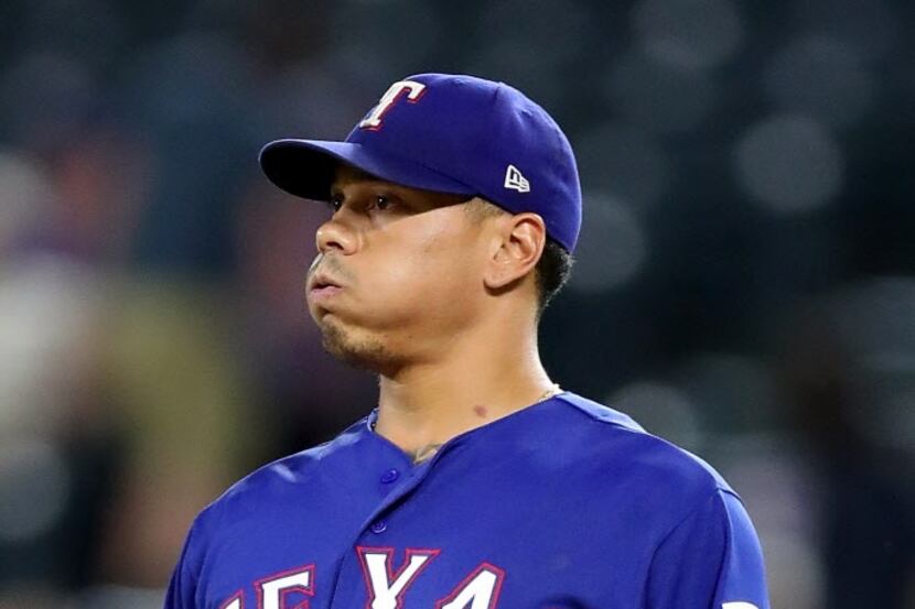 ARLINGTON, TX - JULY 24:  Keone Kela #50 of the Texas Rangers reacts after giving up the...