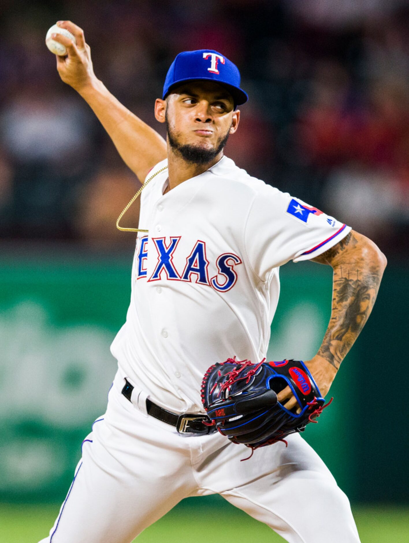 Texas Rangers relief pitcher Jonathan Hernandez (72) pitches during the sixth inning of an...