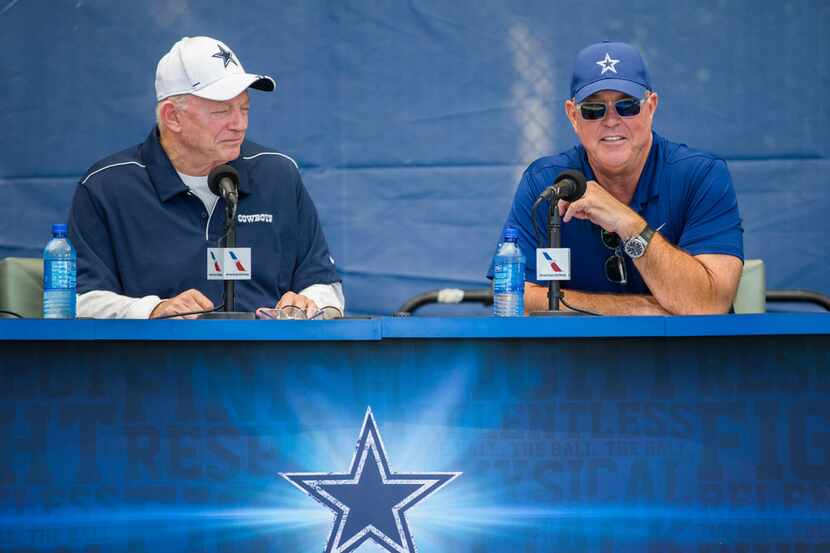 Dallas Cowboys Owner Jerry Jones and Executive Vice President and CEO Stephen Jones speak to...