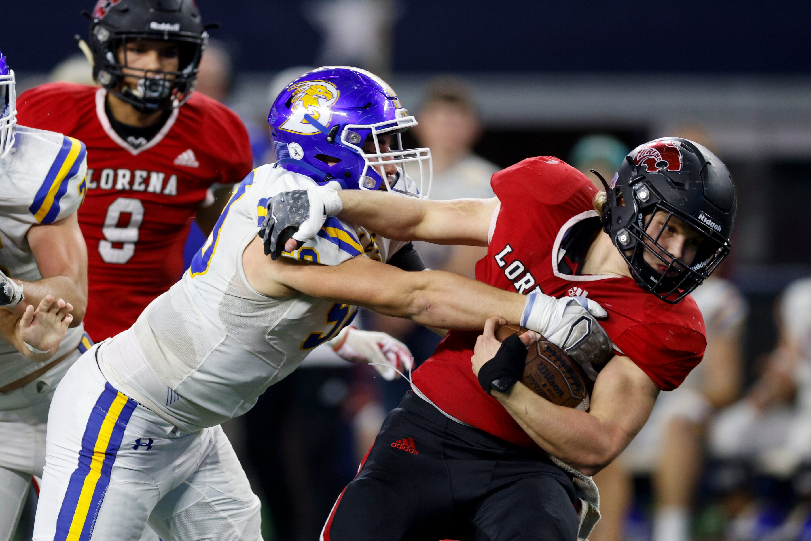 Brock defensive lineman Colton Stephenson (58) tackles Lorena running back Rhett Hanson (4)...