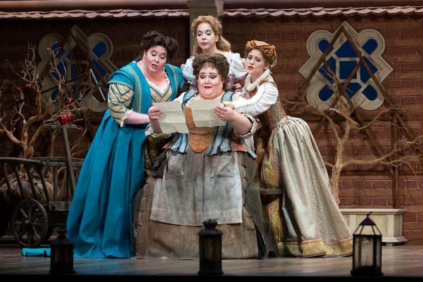 Stephanie Blythe (seated) as Mistress Quickly, with (from left) Angela Meade as Alice Ford,...
