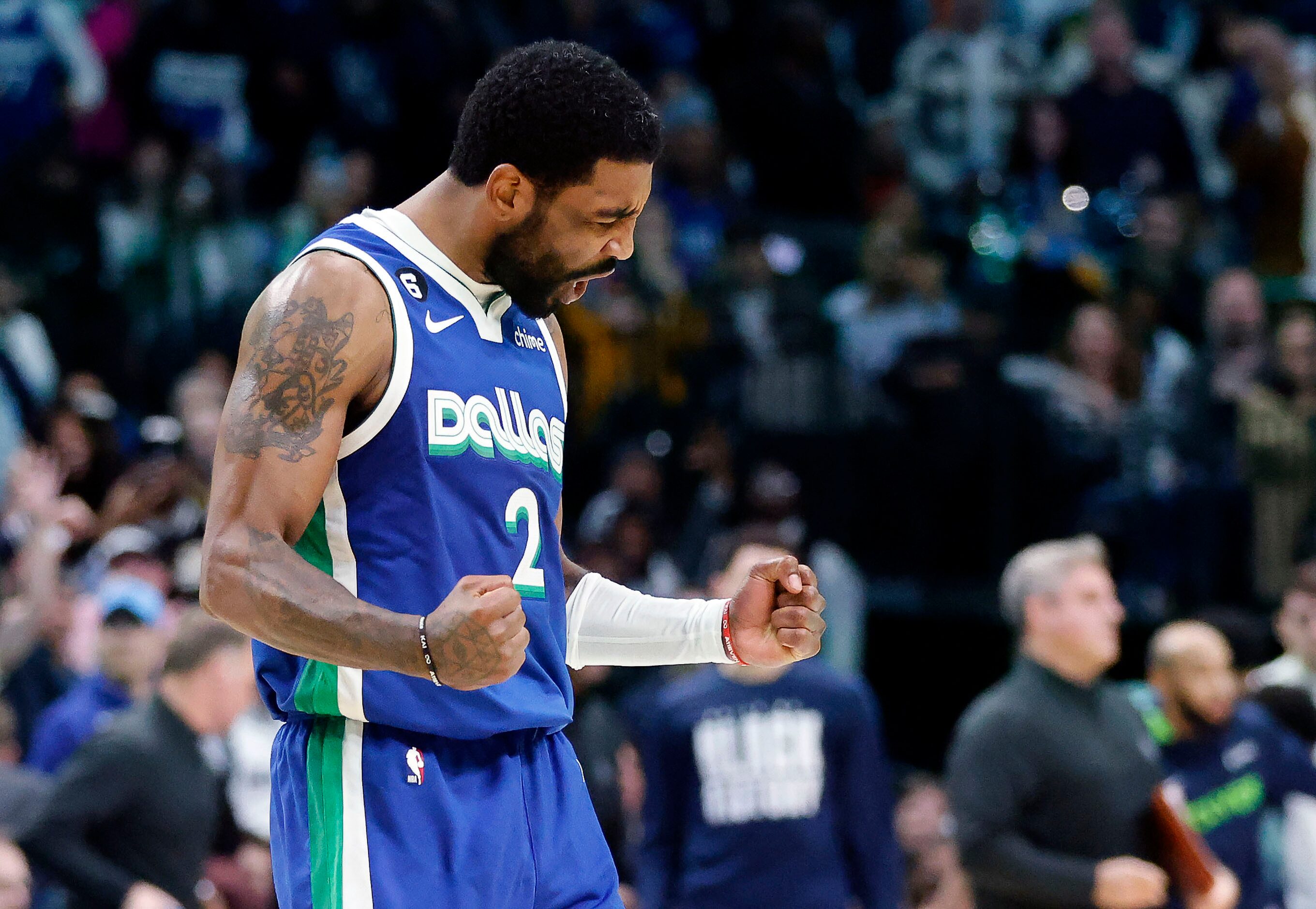 Dallas Mavericks guard Kyrie Irving (2) reacts after nailing a three-pointer during the...