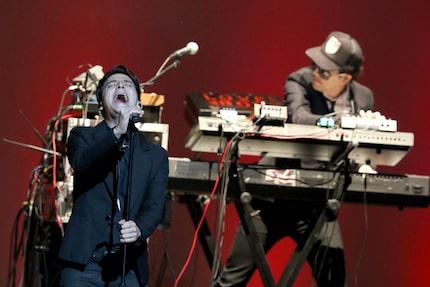 Singer Gilberto Cerezo (L) and musician Ulises Lozano, of Kinky, perform onstage during the...